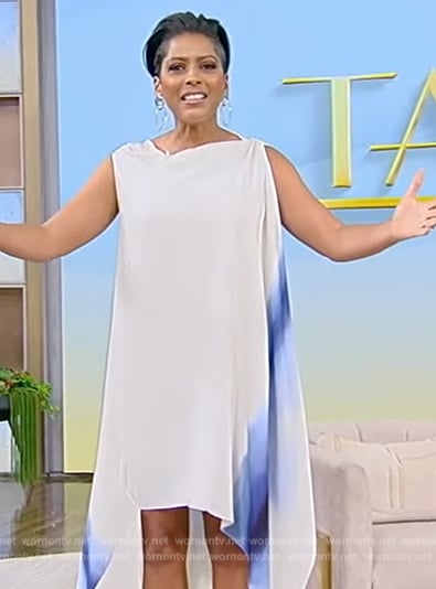 Tamron’s white asymmetric tie dye dress on Tamron Hall Show
