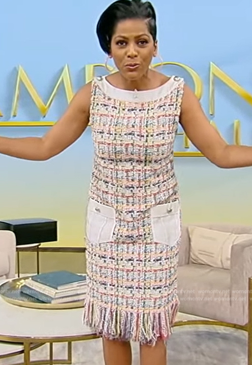 Tamron’s tweed fringe mini dress on Tamron Hall Show