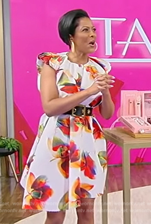 Tamron’s white floral print cap sleeve mini dress on Tamron Hall Show