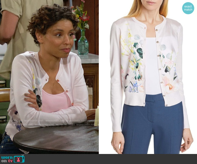 Ted Baker Impressionist Flowers Cardigan worn by Elena Dawson (Brytni Sarpy) on The Young and the Restless