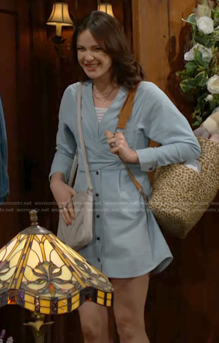 Tessa’s blue wraparound dress on The Young and the Restless
