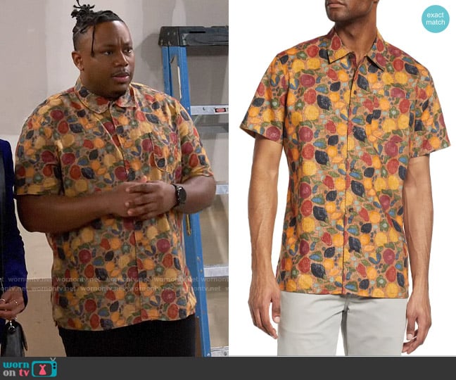 Treasure and Bond Trim Fit Fruit Print Short Sleeve Linen & Cotton Button-Up Shirt in Rust Argan Abstract worn by Marty (Marcel Spears) on The Neighborhood