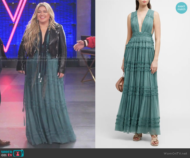 Ulla Johnson Fiona Plunge Tiered Ruffle Silk Gown worn by Kelly Clarkson on The Voice