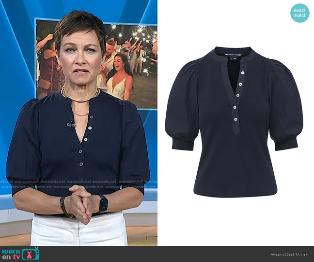 Veronica Beard Coralee Puff Sleeve Top in Navy worn by Stephanie Gosk on Today