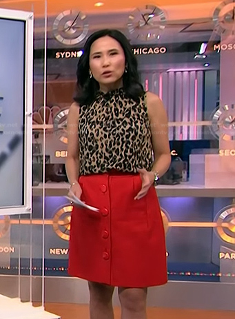 Vicky’s leopard sleeveless top and red skirt on NBC News Daily