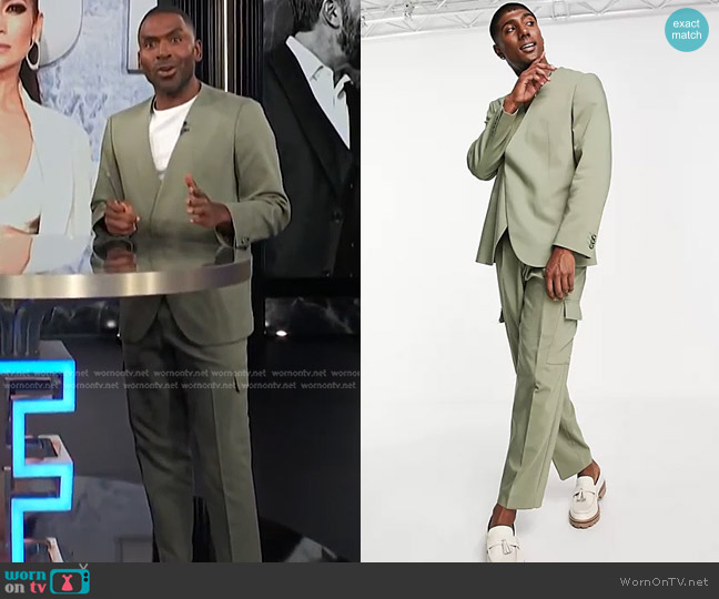Viggo Viera Technical Suit Blazer in khaki worn by Justin Sylvester on E! News