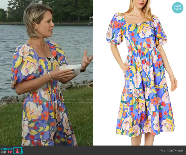 Printed Puff-Sleeve Smocked-Back Midi Dress worn by Dylan Dreyer on Today