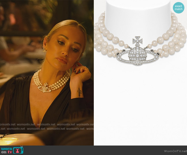 Vivienne Westwood Three Row Pearl Bas Relief Choker worn by Mary Fitzgerald on Selling Sunset