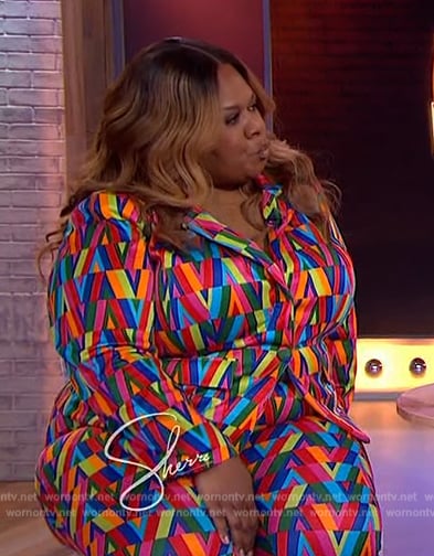 Yamaneika’s multicolored blazer and pants on Sherri