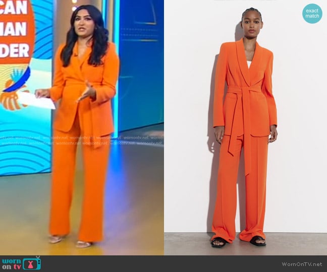 Zara Belted Tuxedo Collar Blazer in Orange worn by Reena Roy on Good Morning America