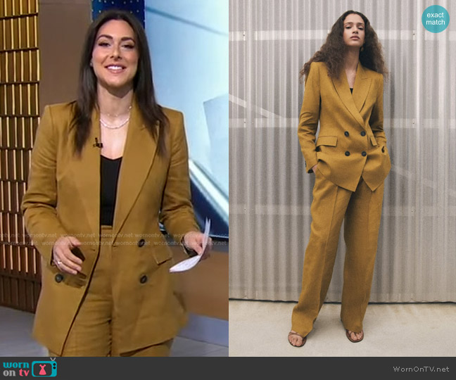 Zara Crossed Linen Blazer in Caramel worn by Erielle Reshef on Good Morning America