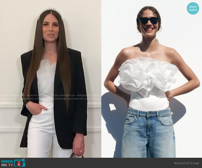 Zara Organza Ruffle Rib Bodysuit worn by Erica Wark on Access Hollywood