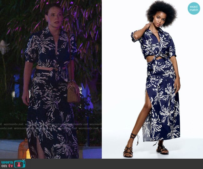 Zara Printed Blouse with Knot worn by Courtney Hobbs (Katie Leclerc) on Fantasy Island