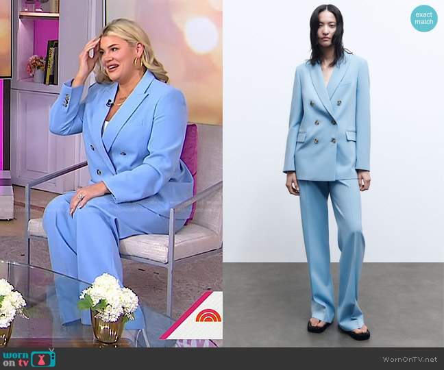 Zara Tailored Double Breasted Blazer in Sky Blue worn by Heather McMahan on Today