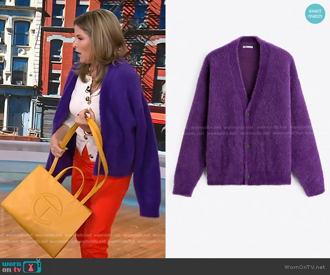 Zara Textured Cardigan with Three Buttons in Violet worn by Jenna Bush Hager on Today