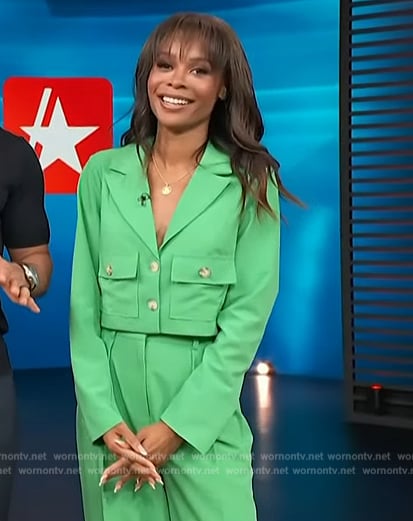 Zuri’s green cropped blazer and pants on Access Hollywood