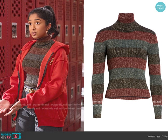 A.L.C. Mariel Metallic Stripe Turtleneck Sweater worn by Devi Vishwakumar (Maitreyi Ramakrishnan) on Never Have I Ever