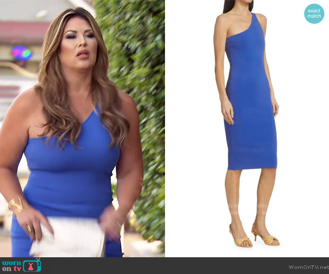 A.L.C. Colby One-Shoulder Sheath Dress worn by Emily Simpson on The Real Housewives of Orange County