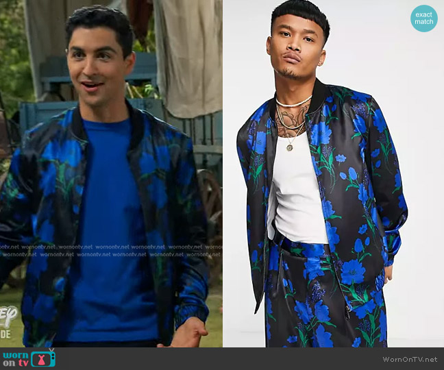 Asos Smart Bomber Jacket in floral print worn by Parker Preston (Trevor Tordjman) on Bunkd