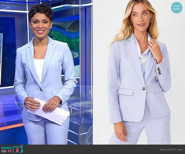 Ann Taylor The Notched One Button Blazer in Cross Weave in Deep Wisteria worn by Jericka Duncan on CBS Evening News