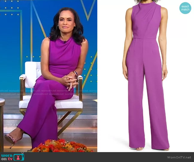 Black Halo Corrine Draped Bodice Wide Leg Jumpsuit worn by Linsey Davis on Good Morning America