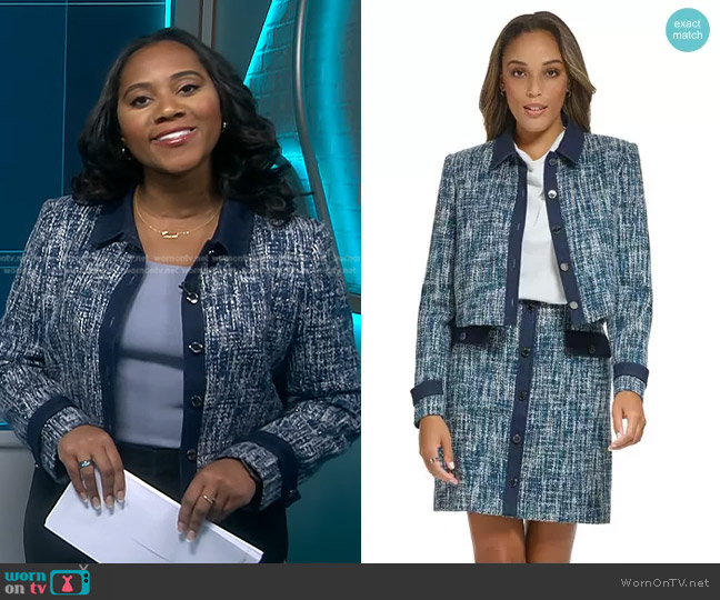 Calvin Klein Denim Trim Cropped Tweed Jacket worn by Kay Angrum on NBC News Daily