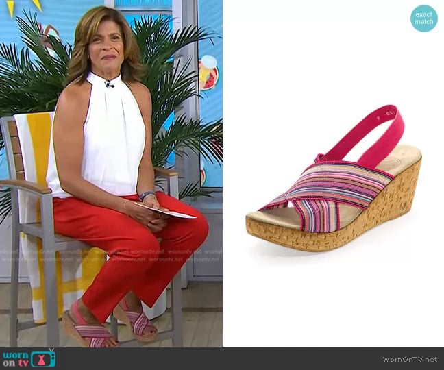 Charleston Shoe Co. Stretch Wedge Sandals in Coral Multi-Stripe worn by Hoda Kotb on Today