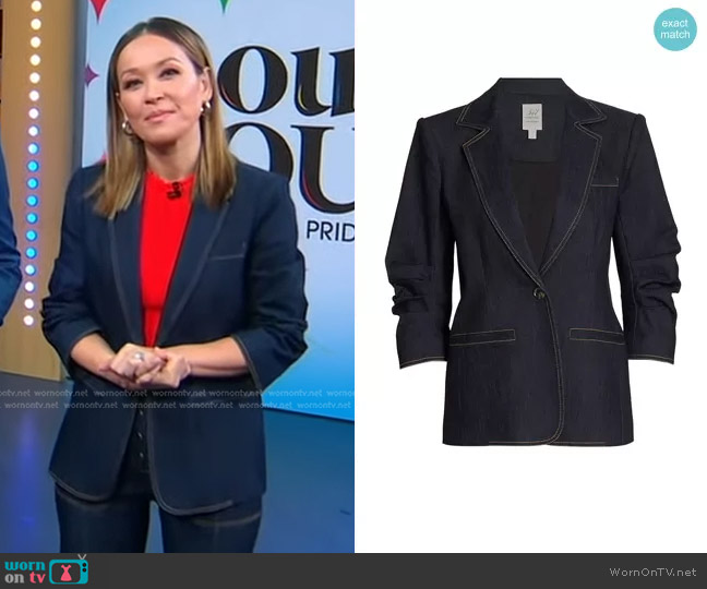 Cinq a Sept Khloe Ruched Sleeve Denim Blazer worn by Eva Pilgrim on Good Morning America