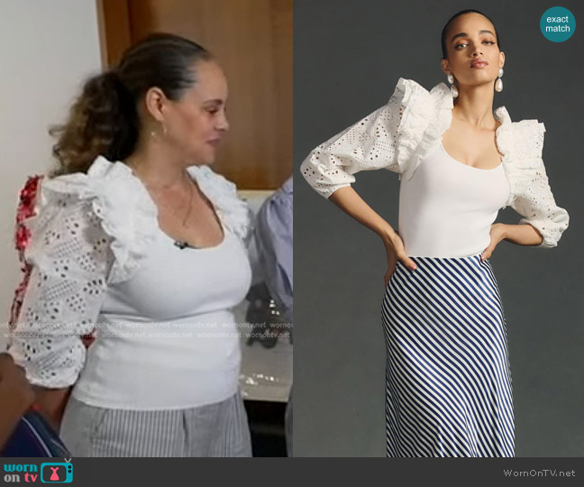 Dolan Eyelet Ruffle-Sleeve Sweater worn by Mimi Dohler on Good Morning America