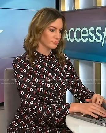 Elizabeth Wagmeister’s black geometric print dress on Access Hollywood