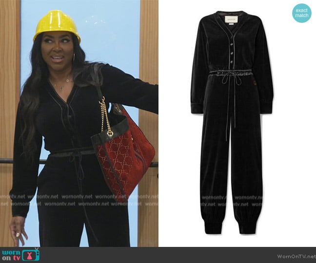 Gucci Velvet Jumpsuit worn by Kenya Moore on The Real Housewives of Atlanta