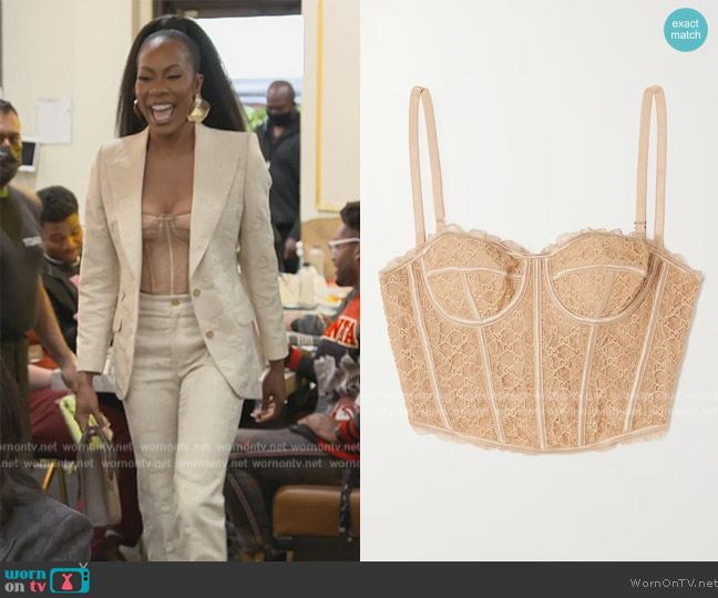 Gucci Love Parade silk-blend satin-trimmed lace bustier top worn by Sanya Richards-Ross on The Real Housewives of Atlanta