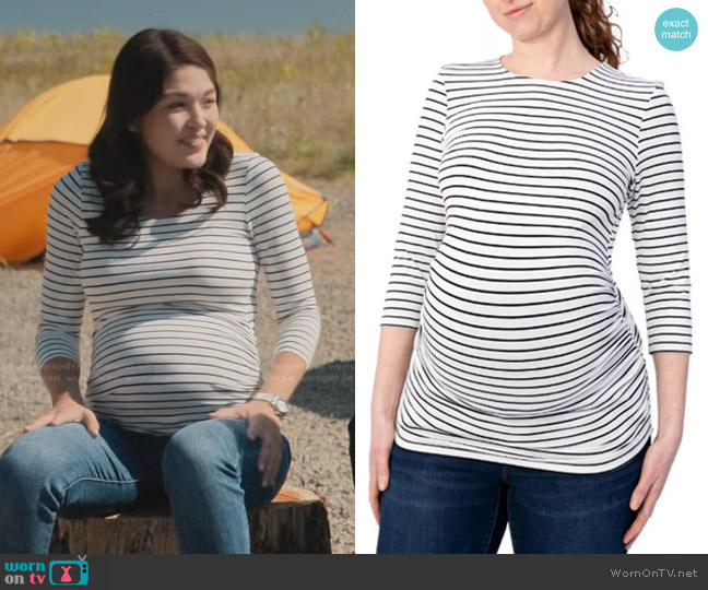 Indigo Poppy 3/4 Sleeve Black and White Stripe Maternity Top worn by Drea Mikami (Ellen Tamaki) on Manifest