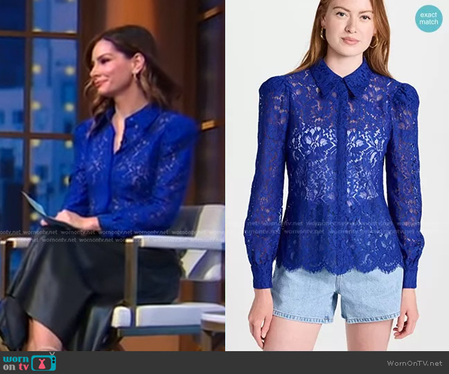 L'Agence Jenica Lace Blouse in Twilight Blue worn by Rebecca Jarvis on Good Morning America