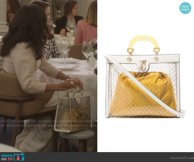 Jimmy Choo Varenne transparent tote bag worn by Seema Patel (Sarita Choudhury) on And Just Like That