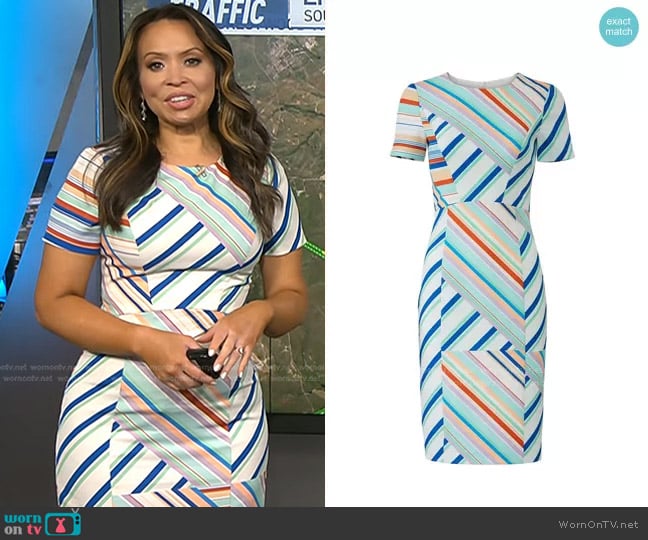 Black Halo Jodee Dress in Frosty Stripe worn by Adelle Caballero on Today