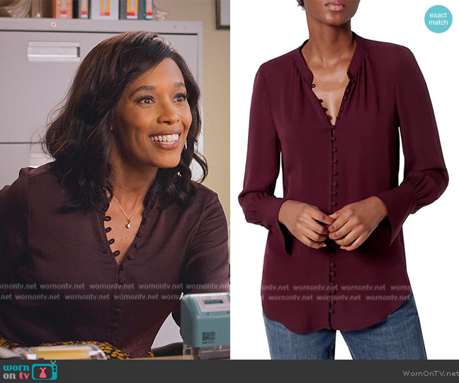 Joie Tariana Button-Up Silk Blouse worn by (Tembi Locke) on Never Have I Ever