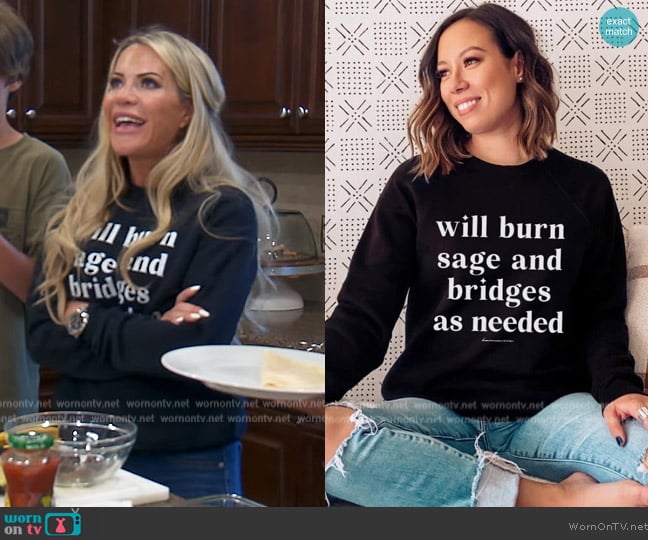 Karmavore Will Burn Sage and Bridges Zen Sweatshirt worn by Jennifer Pedranti on The Real Housewives of Orange County