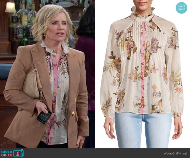 Kobi Halperin Joanna Floral Pleated Blouse worn by Kayla Brady (Mary Beth Evans) on Days of our Lives