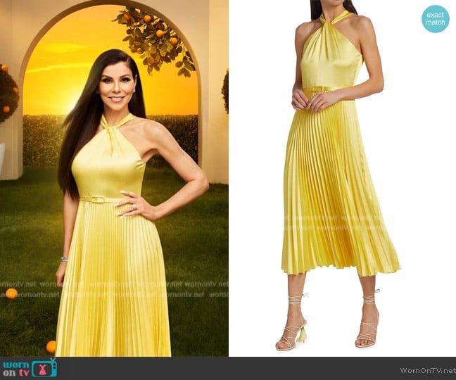 Monique Lhuillier Satin Halter Pleated Midi-Dress worn by Heather Dubrow on The Real Housewives of Orange County