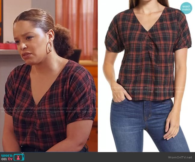 Madewell Plaid Gathered V-Neck Top worn by Antonia Hylton on NBC News Daily