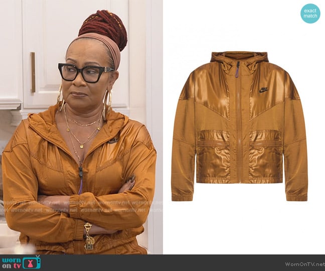 Nike Orange Logo Printed Jacket worn by Sharon Richards on The Real Housewives of Atlanta