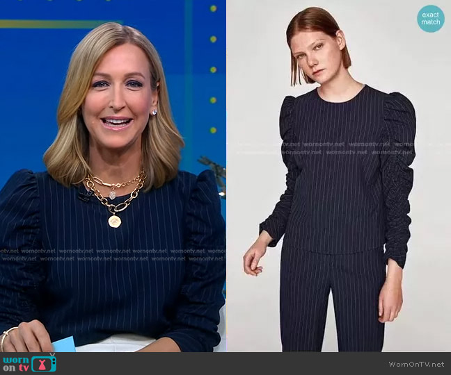 Zara Pinstripe Ruched Sleeve Top worn by Lara Spencer on Good Morning America