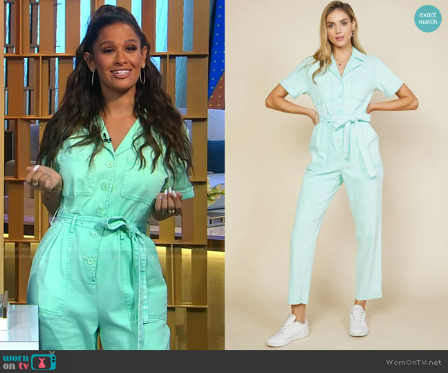 Skies Are Blue Kendall Washed Utility Jumpsuit in Mint worn by Rocsi Diaz on Good Morning America