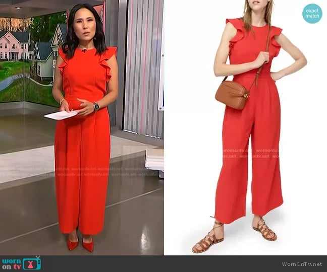 J. Crew Sleeveless Ruffle Crepe Jumpsuit worn by Vicky Nguyen on NBC News Daily