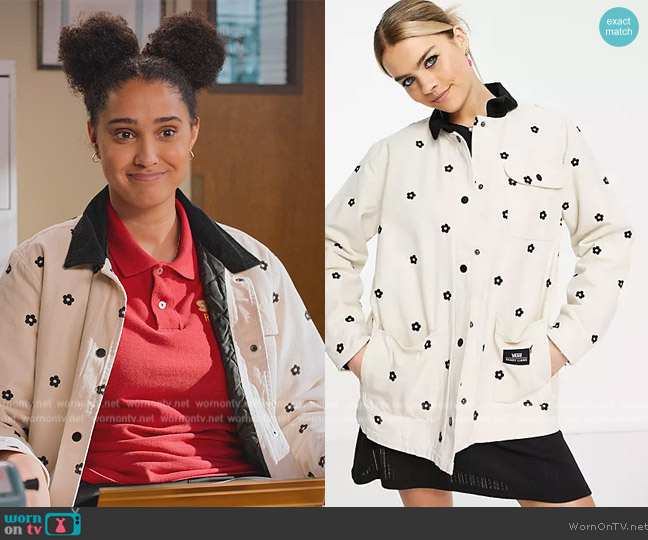 Vans X Sandy Liang chore jacket in cream worn by Fabiola Torres (Lee Rodriguez) on Never Have I Ever