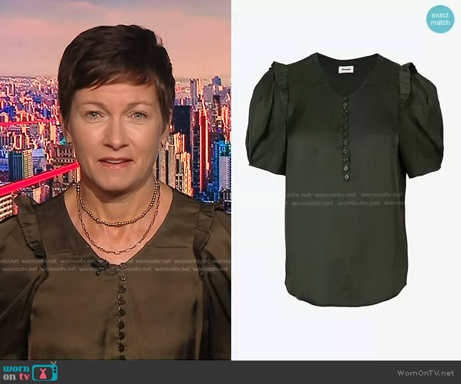 Zadig & Voltaire Twisty Satin Ruffle Top worn by Stephanie Gosk on NBC News Daily