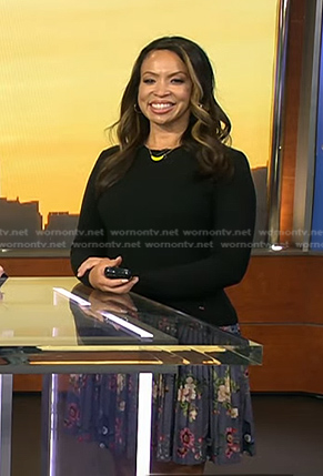 Adelle’s black top and floral pleated skirt on Today