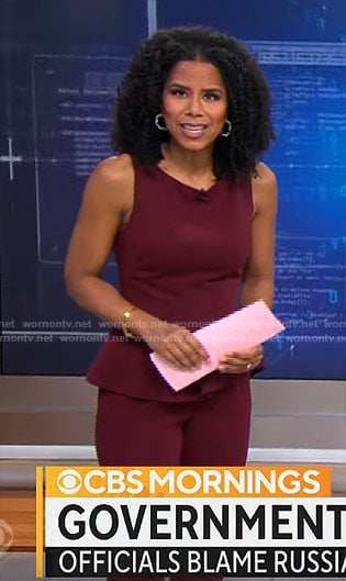 Adriana Diaz’s burgundy peplum jumpsuit on CBS Mornings
