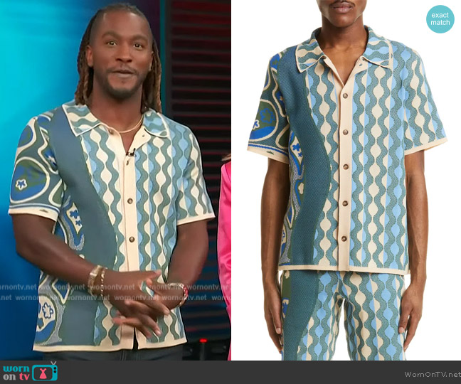 Ahluwalia Katrina Cotton Jacquard Button-Up Sweater Shirt worn by Scott Evans on Access Hollywood